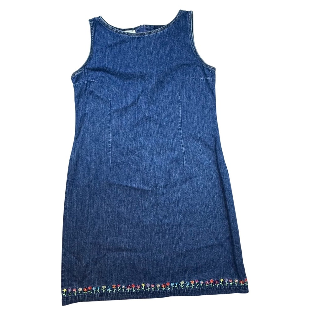 Blue Denim Sleeveless jumper Shift Dress Floral Embroidered Hem 90s cottage y2k